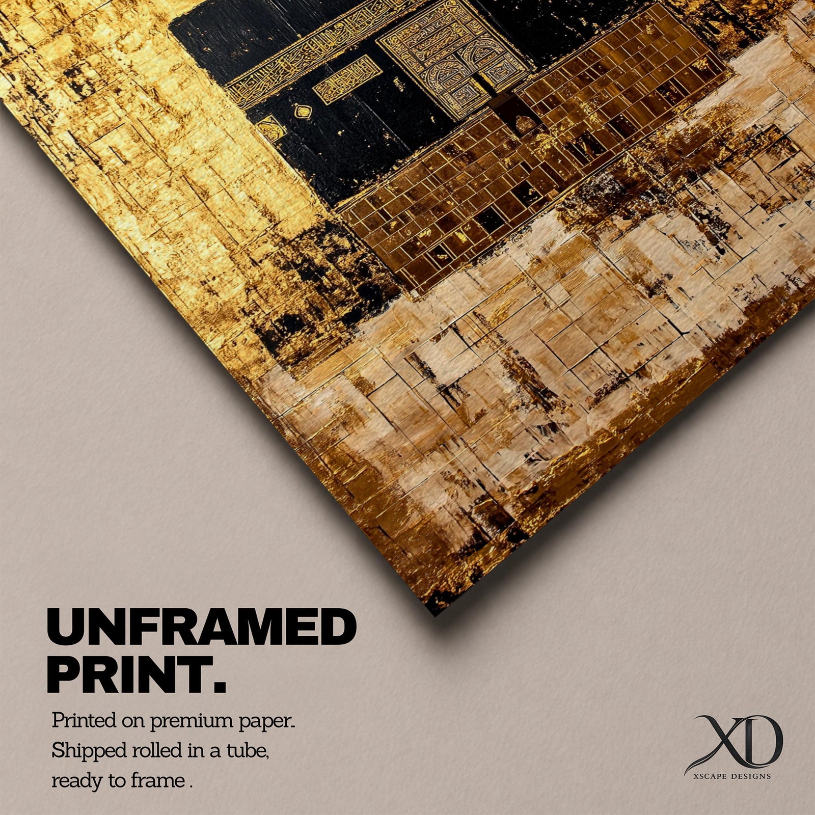 Kaaba wall art featuring the sacred Kaaba at Masjid al-Haram in Mecca with a gold textured background. Islamic artwork inspired by the Hajj and Umrah pilgrimage showing the holy mosque and Kaaba structure. Framed canvas Islamic decor for Muslim homes and prayer spaces.
