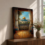 Masjed Al Aqsa wall art featuring the golden dome in Jerusalem viewed from a peaceful balcony with curtains and flowers overlooking the historic city. Islamic architecture artwork capturing the beauty of the sacred mosque and Jerusalem skyline in framed canvas decor.