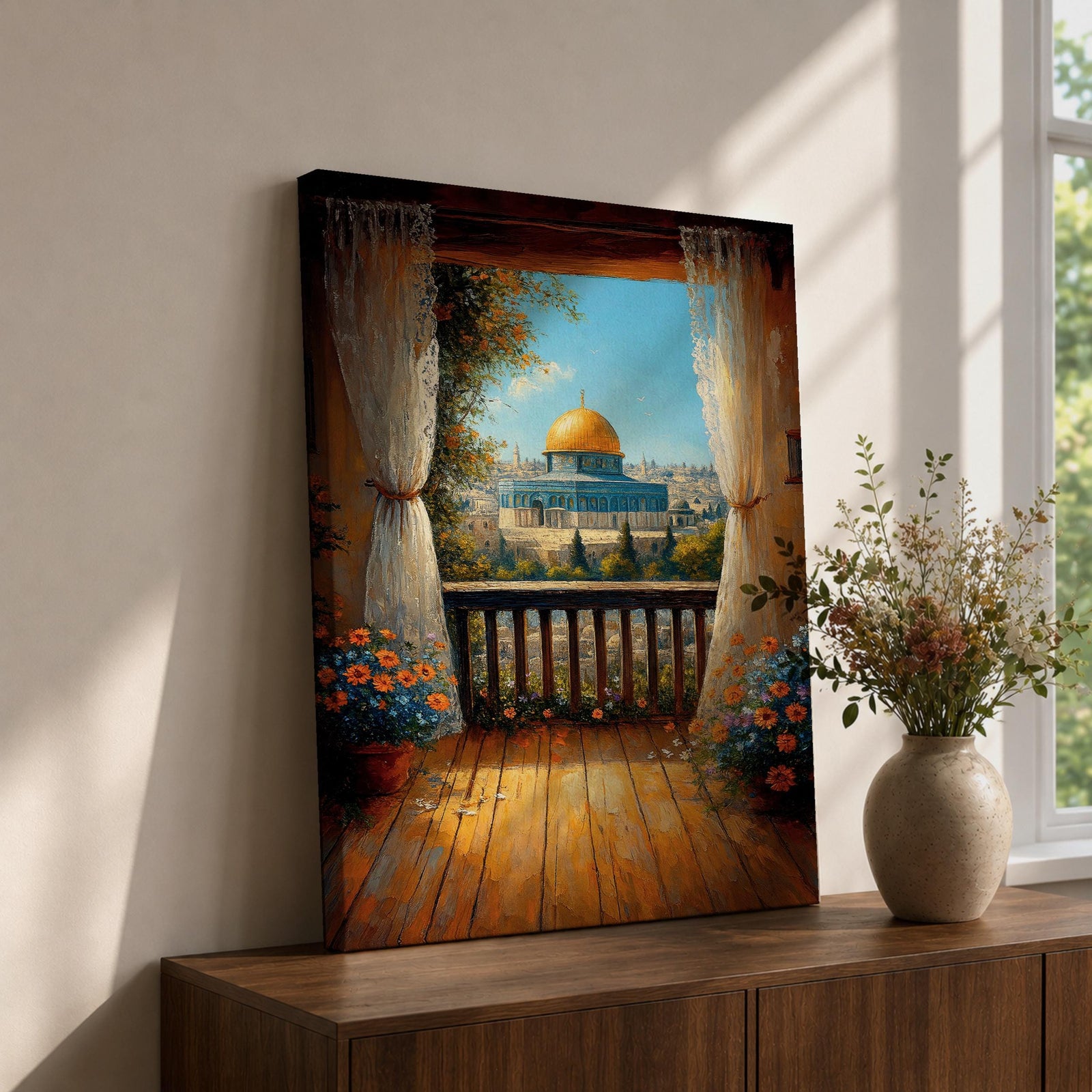 Masjed Al Aqsa wall art featuring the golden dome in Jerusalem viewed from a peaceful balcony with curtains and flowers overlooking the historic city. Islamic architecture artwork capturing the beauty of the sacred mosque and Jerusalem skyline in framed canvas decor.