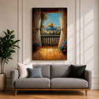 Masjed Al Aqsa wall art featuring the golden dome in Jerusalem viewed from a peaceful balcony with curtains and flowers overlooking the historic city. Islamic architecture artwork capturing the beauty of the sacred mosque and Jerusalem skyline in framed canvas decor.
