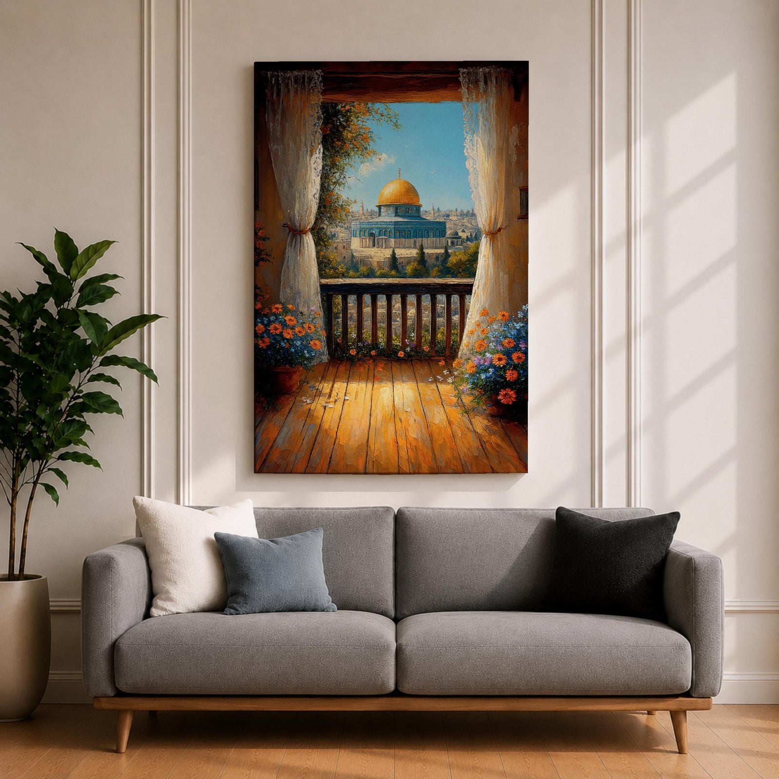 Masjed Al Aqsa wall art featuring the golden dome in Jerusalem viewed from a peaceful balcony with curtains and flowers overlooking the historic city. Islamic architecture artwork capturing the beauty of the sacred mosque and Jerusalem skyline in framed canvas decor.