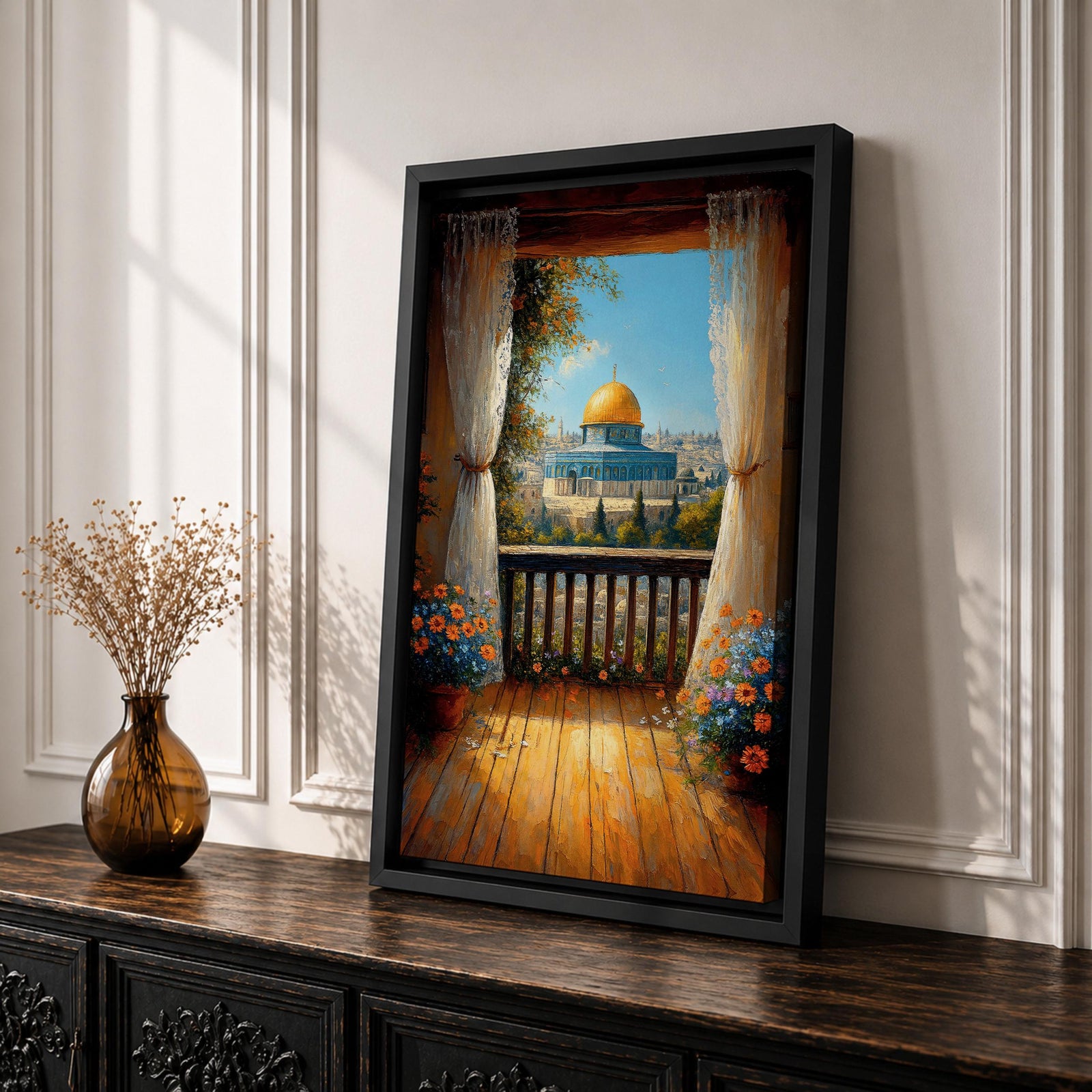 Masjed Al Aqsa wall art featuring the golden dome in Jerusalem viewed from a peaceful balcony with curtains and flowers overlooking the historic city. Islamic architecture artwork capturing the beauty of the sacred mosque and Jerusalem skyline in framed canvas decor.