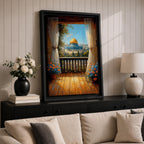Masjed Al Aqsa wall art featuring the golden dome in Jerusalem viewed from a peaceful balcony with curtains and flowers overlooking the historic city. Islamic architecture artwork capturing the beauty of the sacred mosque and Jerusalem skyline in framed canvas decor.