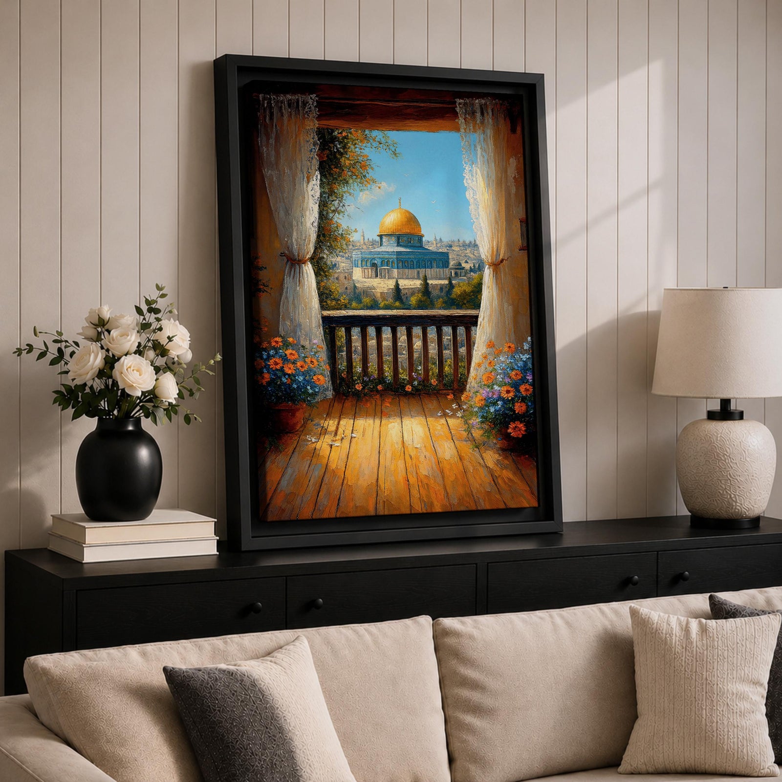 Masjed Al Aqsa wall art featuring the golden dome in Jerusalem viewed from a peaceful balcony with curtains and flowers overlooking the historic city. Islamic architecture artwork capturing the beauty of the sacred mosque and Jerusalem skyline in framed canvas decor.