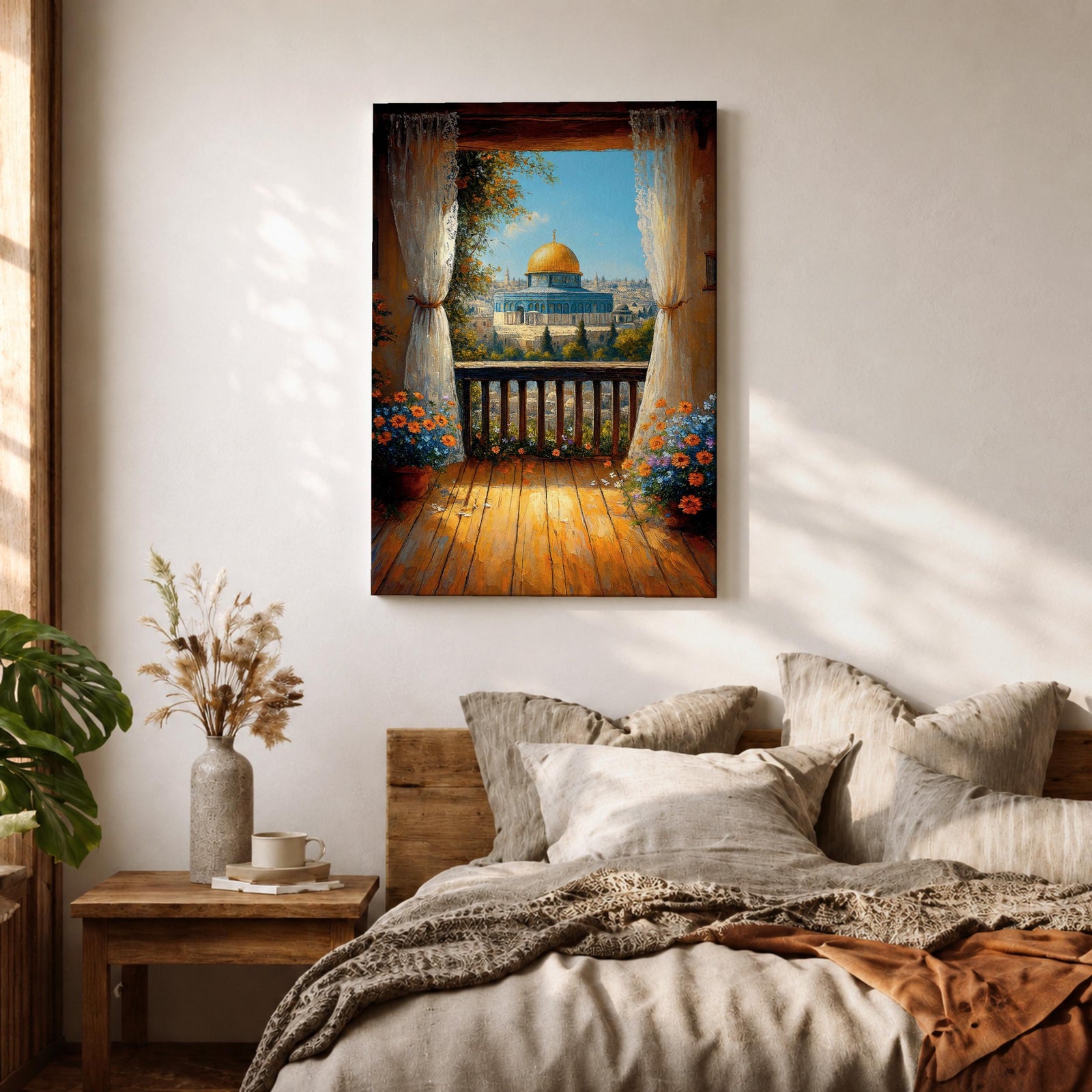 Masjed Al Aqsa wall art featuring the golden dome in Jerusalem viewed from a peaceful balcony with curtains and flowers overlooking the historic city. Islamic architecture artwork capturing the beauty of the sacred mosque and Jerusalem skyline in framed canvas decor.