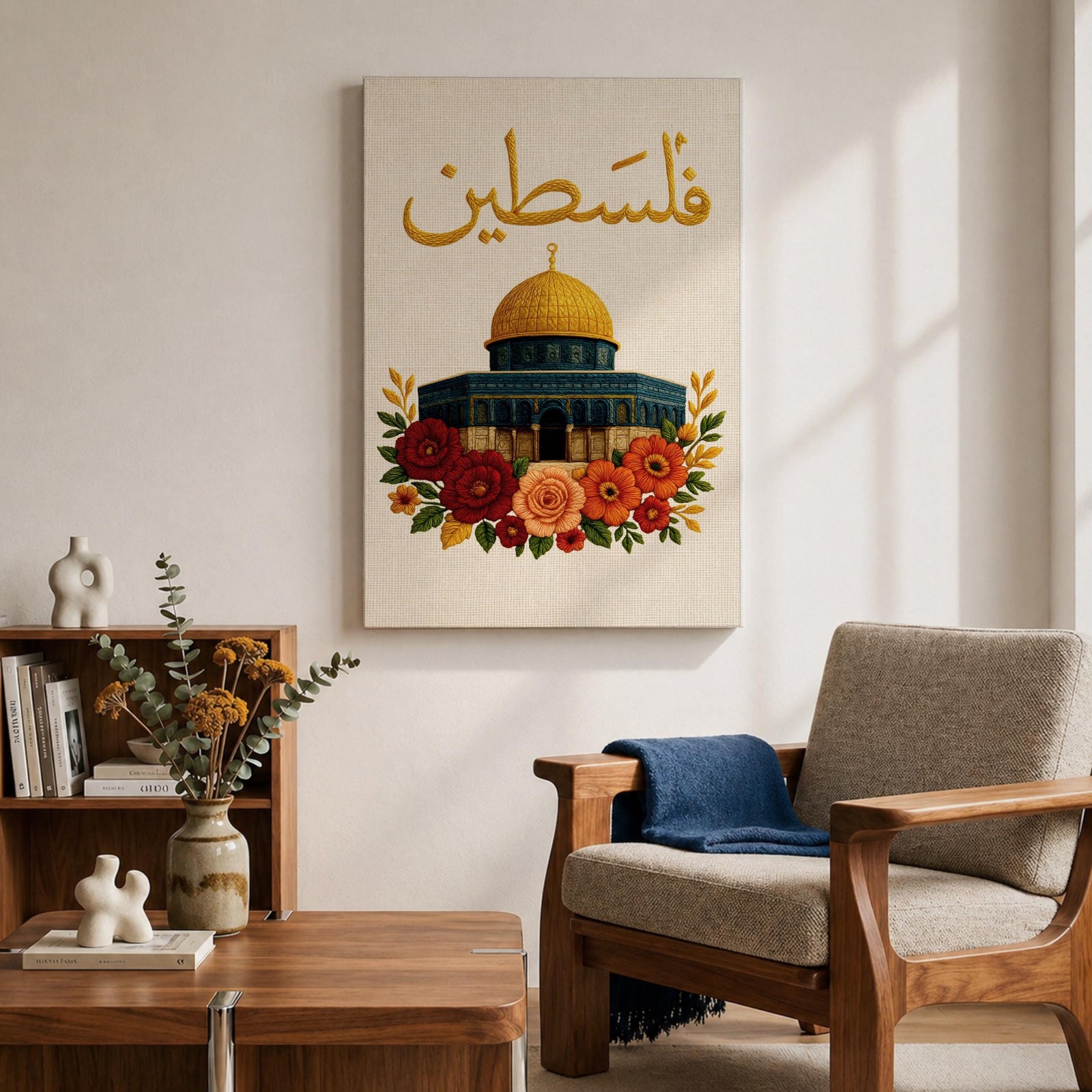 Palestine wall art featuring Arabic calligraphy above the golden Dome of the Rock at Al-Aqsa Mosque in Jerusalem, surrounded by decorative floral embroidery. Islamic artwork highlighting the sacred mosque and cultural symbolism in framed canvas decor for Muslim homes.