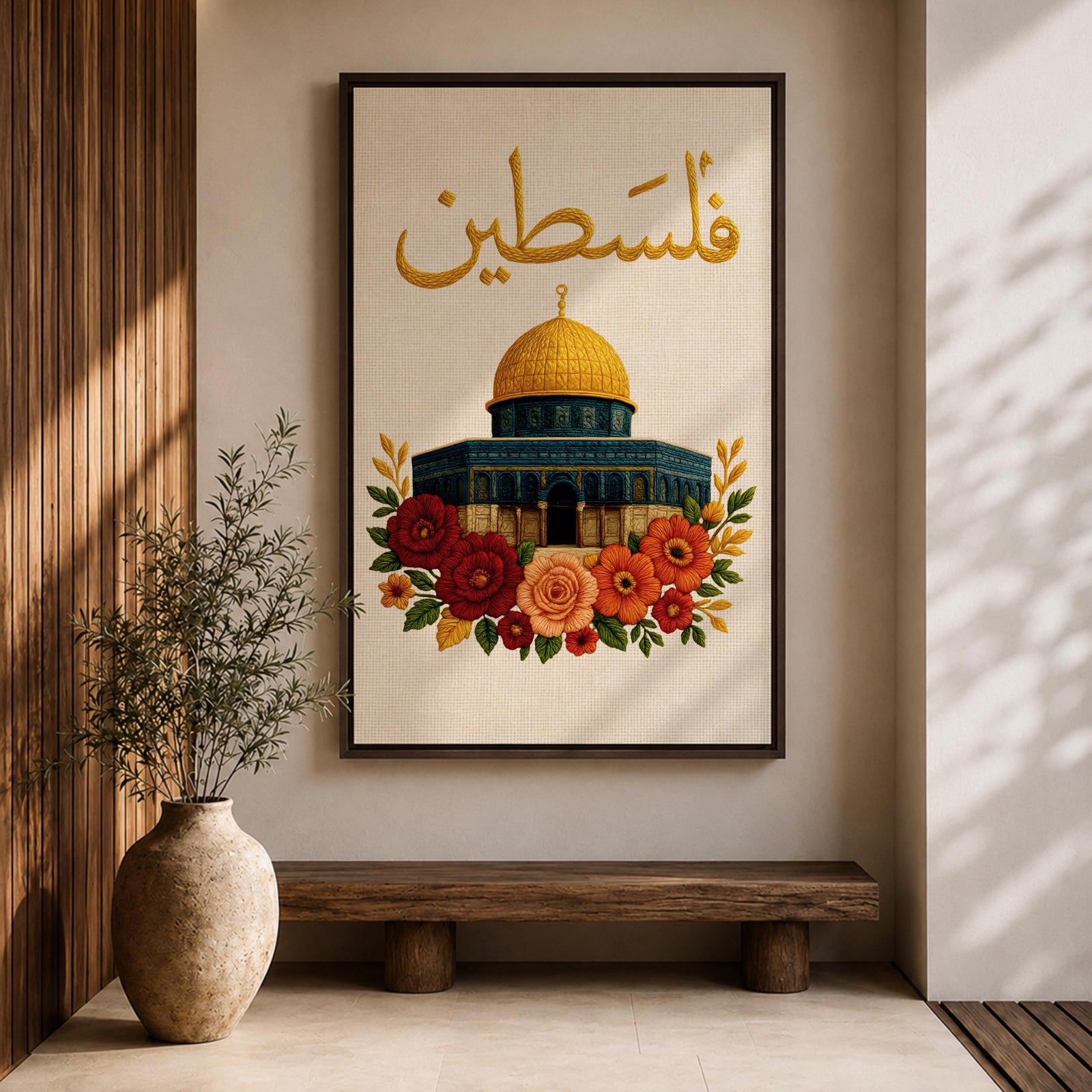 Palestine wall art featuring Arabic calligraphy above the golden Dome of the Rock at Al-Aqsa Mosque in Jerusalem, surrounded by decorative floral embroidery. Islamic artwork highlighting the sacred mosque and cultural symbolism in framed canvas decor for Muslim homes.