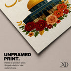 Palestine wall art featuring Arabic calligraphy above the golden Dome of the Rock at Al-Aqsa Mosque in Jerusalem, surrounded by decorative floral embroidery. Islamic artwork highlighting the sacred mosque and cultural symbolism in framed canvas decor for Muslim homes.