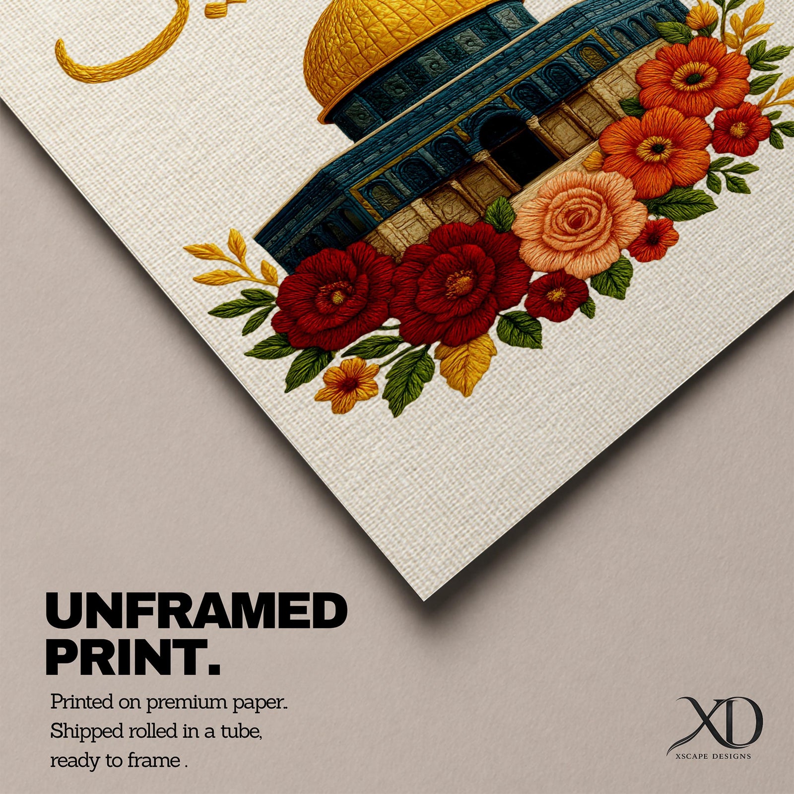 Palestine wall art featuring Arabic calligraphy above the golden Dome of the Rock at Al-Aqsa Mosque in Jerusalem, surrounded by decorative floral embroidery. Islamic artwork highlighting the sacred mosque and cultural symbolism in framed canvas decor for Muslim homes.