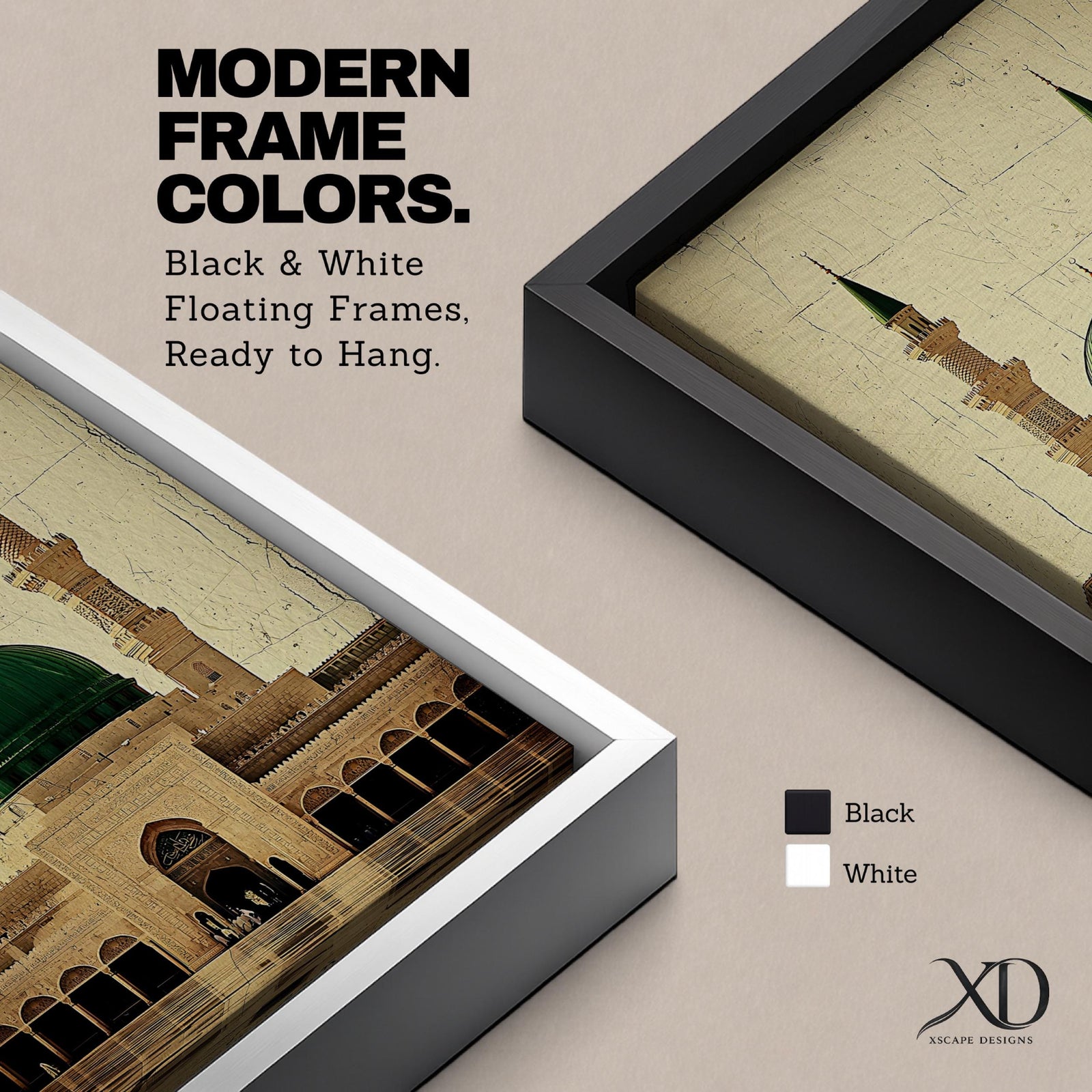 Masjid Al Nabawi wall art featuring the iconic green dome of the Prophet’s Mosque in Medina with mosque minarets and courtyard architecture. Vintage Islamic artwork highlighting the sacred mosque and spiritual beauty of Medina in framed canvas decor.