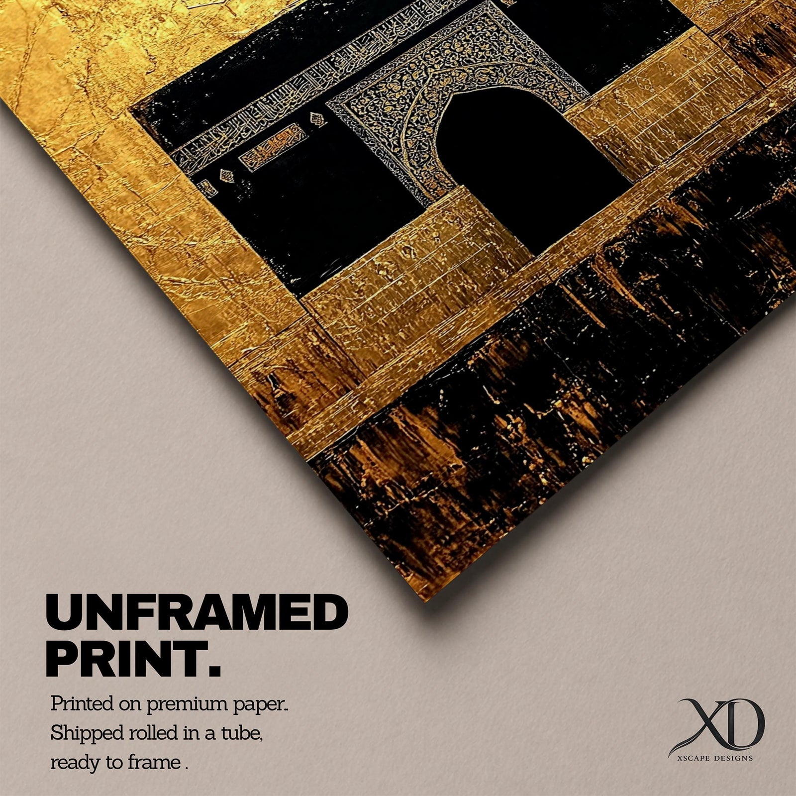 Kaaba wall art featuring the sacred Kaaba at Masjid al-Haram in Mecca framed by a golden arch design. Vintage style Islamic artwork with rich gold tones highlighting the holy mosque and spiritual architecture. Framed canvas Islamic decor for Muslim homes and prayer spaces.
