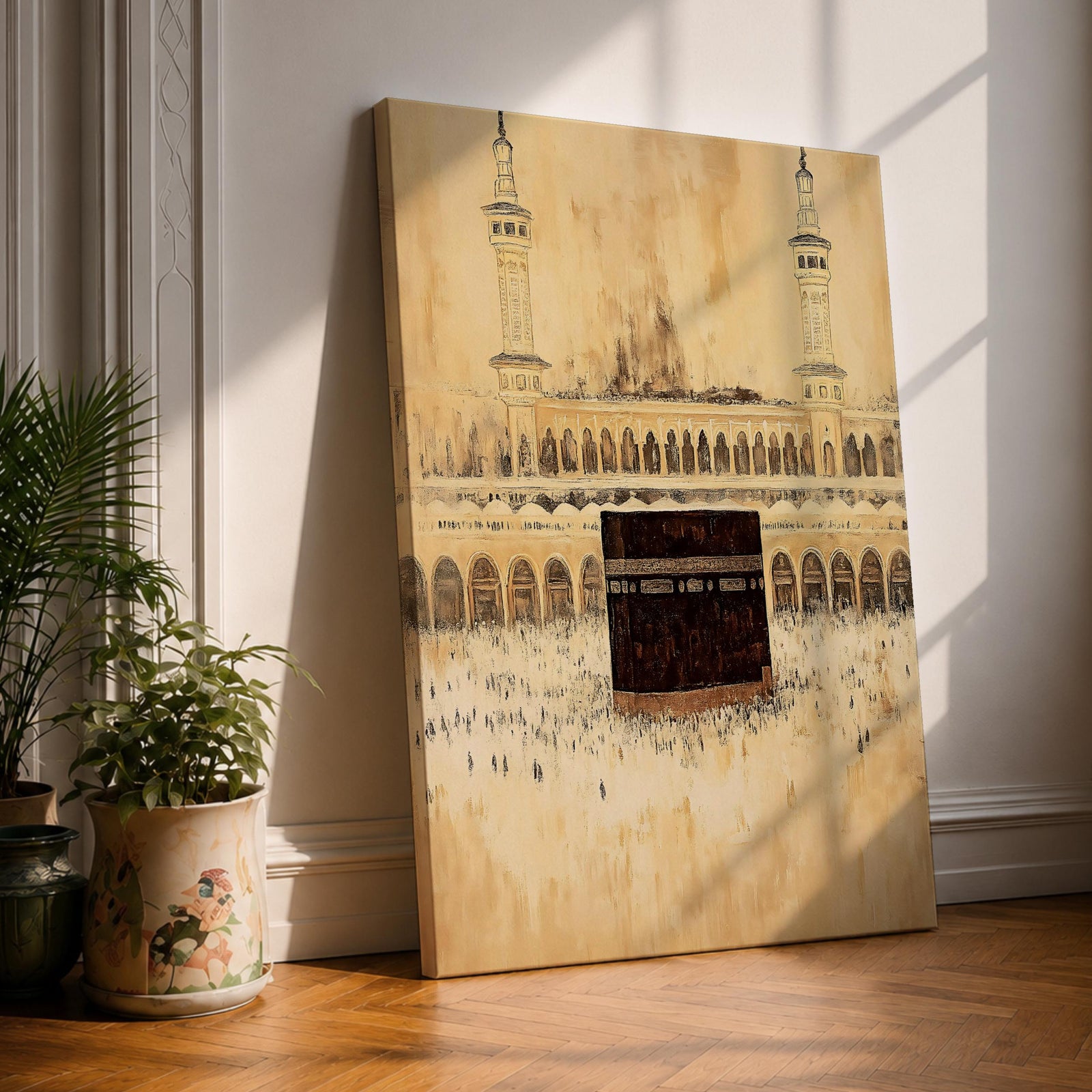 Kaaba wall art featuring Masjid al-Haram in Mecca with pilgrims gathered around the sacred Kaaba during Hajj pilgrimage and Umrah. Neutral vintage Islamic artwork showing mosque minarets, courtyard arches, and worshippers in prayer, framed canvas decor for Muslim homes.