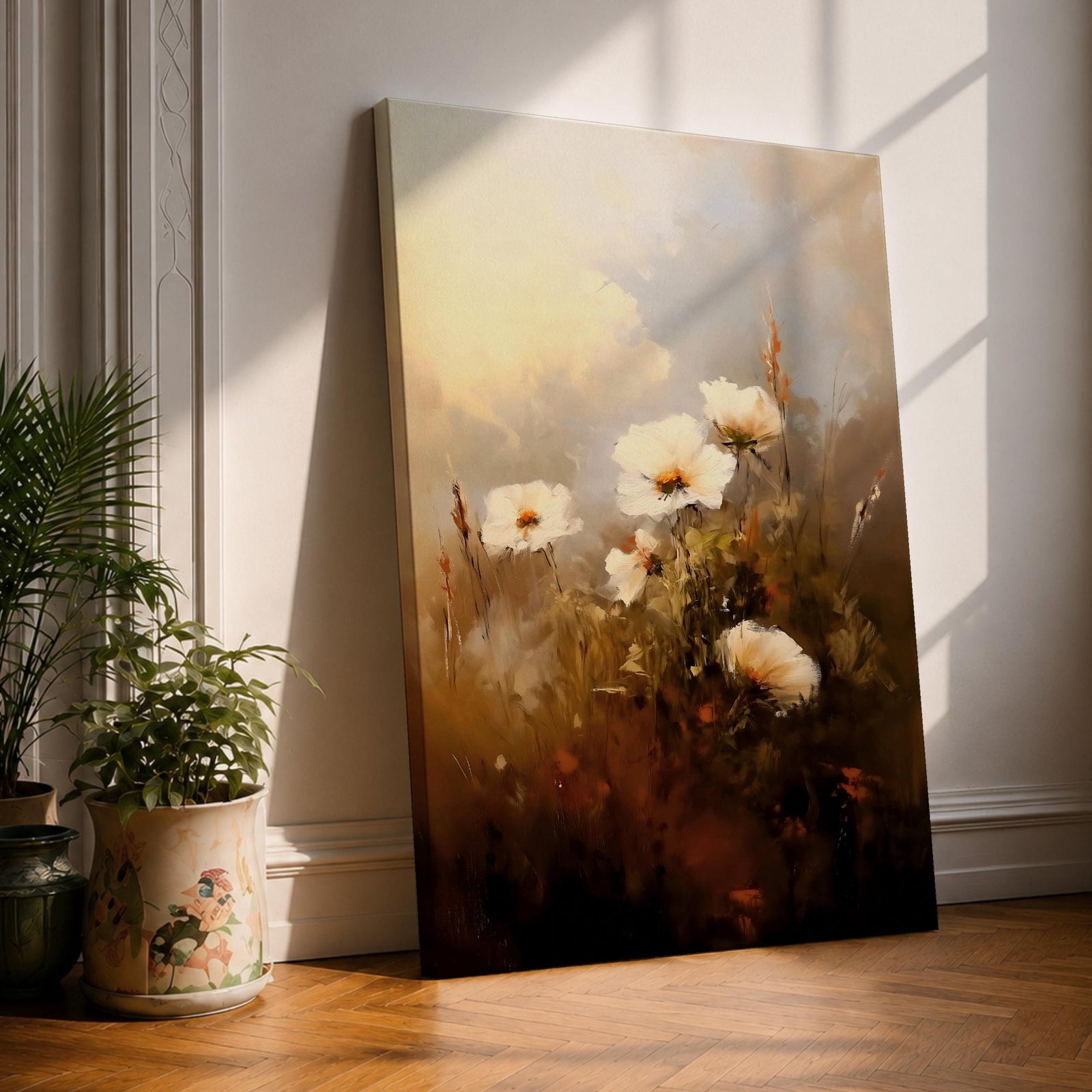 A vintage style floral still life painting featuring a soft bouquet of flowers with delicate petals and stems. The composition blends muted tones and painterly brushstrokes to create a nostalgic cottagecore aesthetic emphasizing natural beauty and timeless floral elegance.