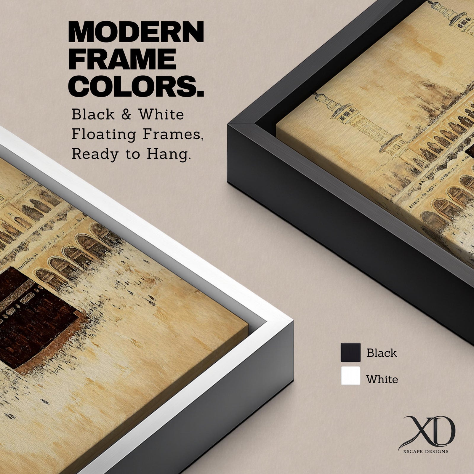 Kaaba wall art featuring Masjid al-Haram in Mecca with pilgrims gathered around the sacred Kaaba during Hajj pilgrimage and Umrah. Neutral vintage Islamic artwork showing mosque minarets, courtyard arches, and worshippers in prayer, framed canvas decor for Muslim homes.