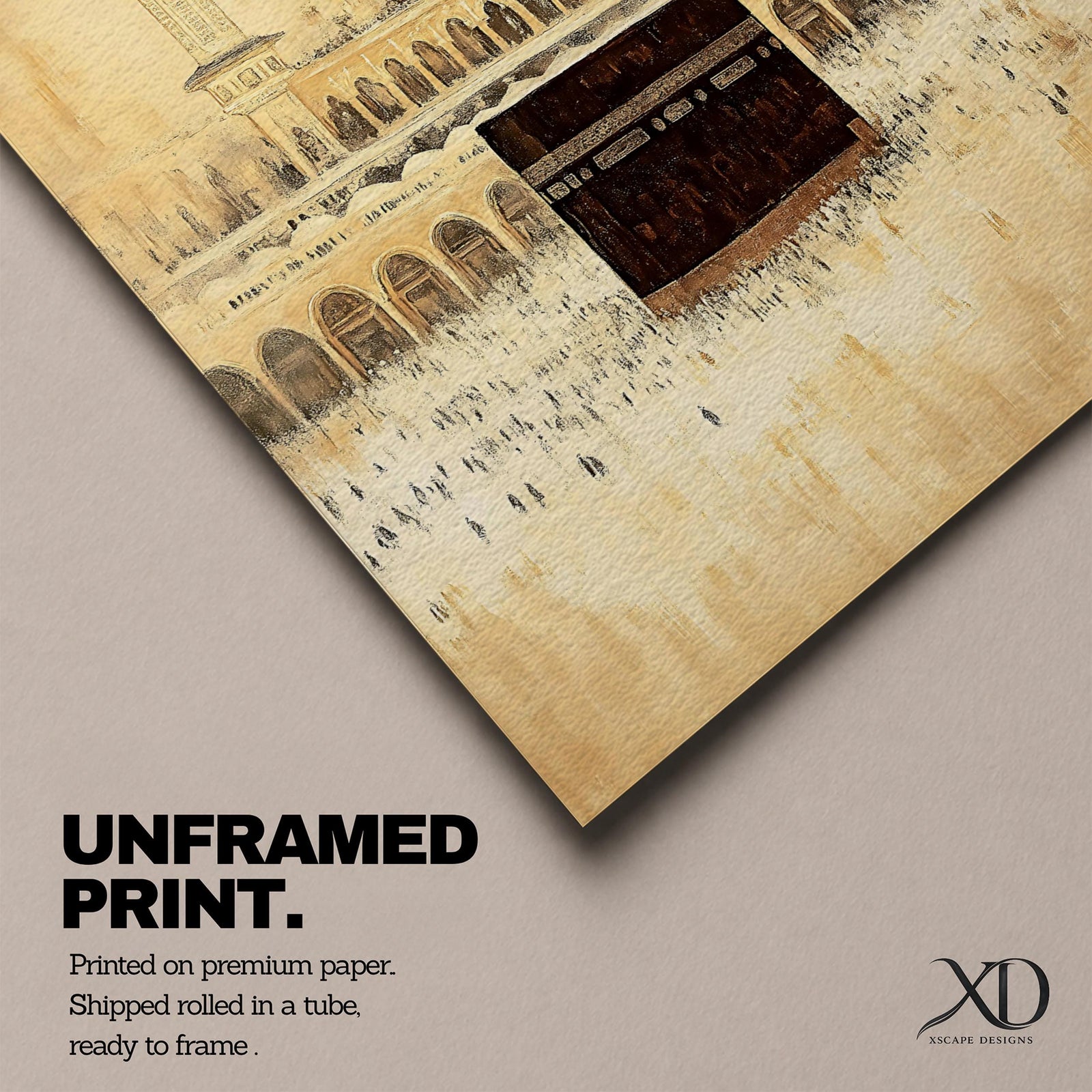 Kaaba wall art featuring Masjid al-Haram in Mecca with pilgrims gathered around the sacred Kaaba during Hajj pilgrimage and Umrah. Neutral vintage Islamic artwork showing mosque minarets, courtyard arches, and worshippers in prayer, framed canvas decor for Muslim homes.