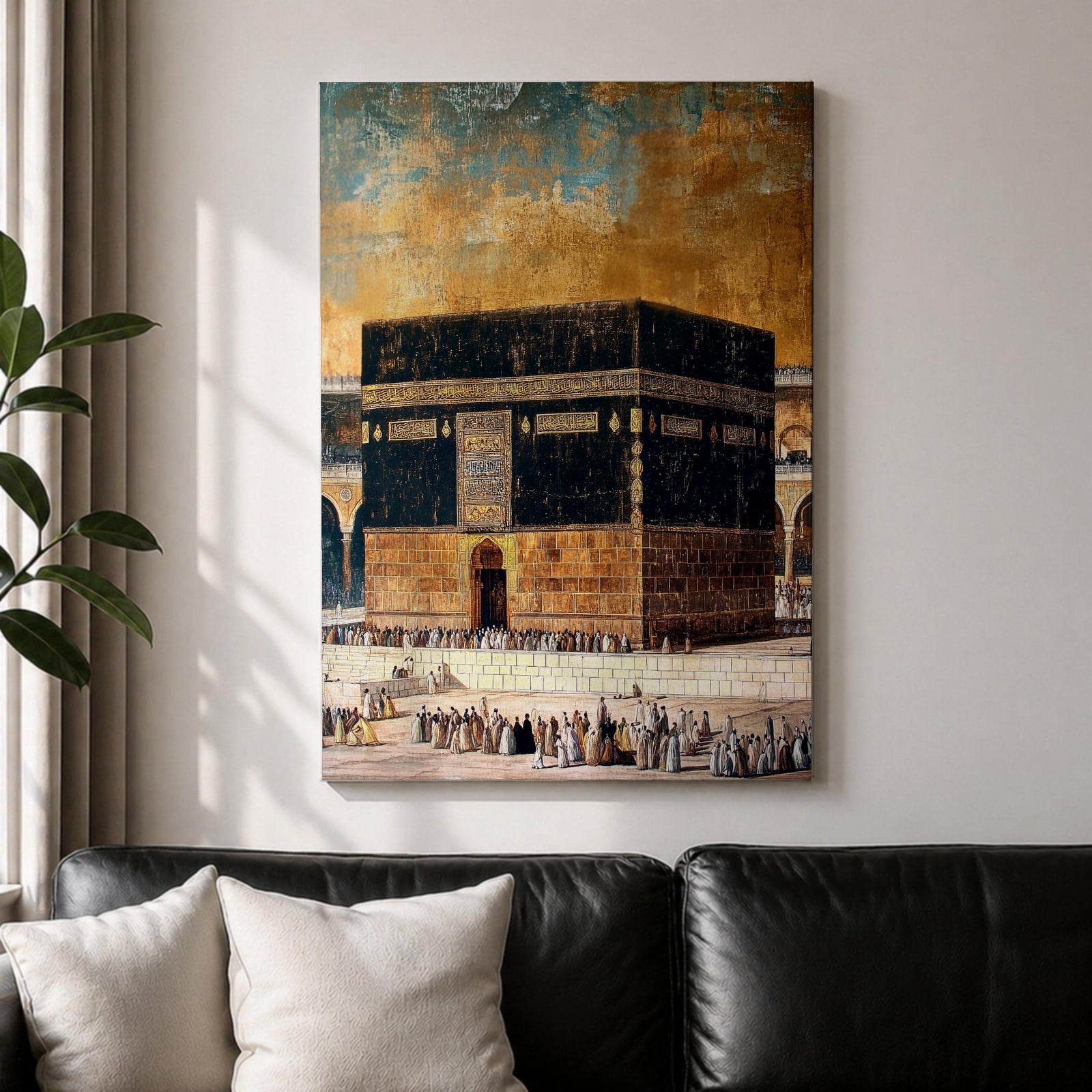 Kaaba wall art featuring the sacred Kaaba at Masjid al-Haram in Mecca with pilgrims gathered during Hajj and Umrah. Antique vintage Islamic artwork with warm tones highlighting the holy mosque and courtyard architecture, framed canvas decor for Muslim homes and spiritual interiors.