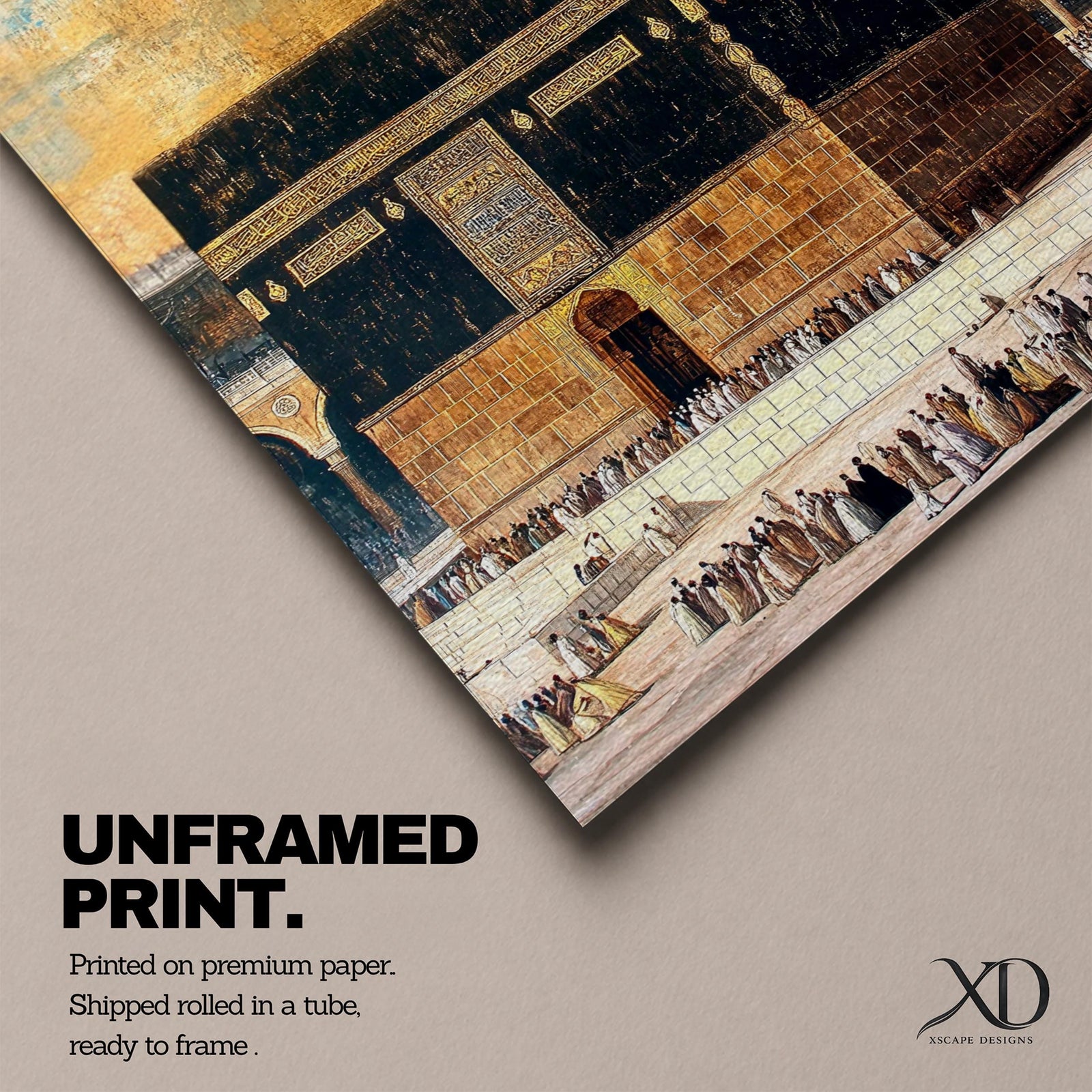 Kaaba wall art featuring the sacred Kaaba at Masjid al-Haram in Mecca with pilgrims gathered during Hajj and Umrah. Antique vintage Islamic artwork with warm tones highlighting the holy mosque and courtyard architecture, framed canvas decor for Muslim homes and spiritual interiors.