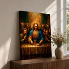 Illustration of The Last Supper showing Jesus seated at a long table with the twelve disciples gathered around him as he presents bread and wine representing the Eucharist, composed in a traditional biblical scene with expressive gestures and balanced arrangement, rendered with soft shading and warm tones in a Christian devotional style.