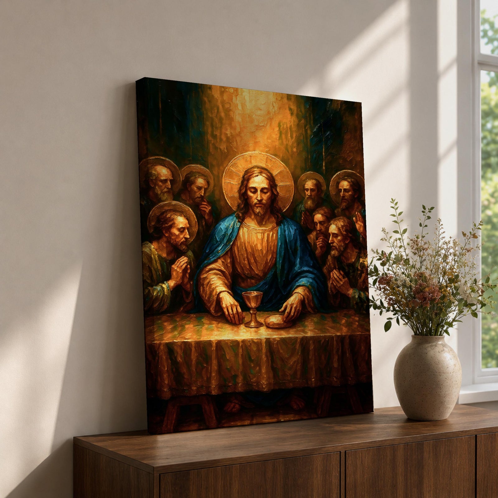 Illustration of The Last Supper showing Jesus seated at a long table with the twelve disciples gathered around him as he presents bread and wine representing the Eucharist, composed in a traditional biblical scene with expressive gestures and balanced arrangement, rendered with soft shading and warm tones in a Christian devotional style.