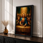 Illustration of The Last Supper showing Jesus seated at a long table with the twelve disciples gathered around him as he presents bread and wine representing the Eucharist, composed in a traditional biblical scene with expressive gestures and balanced arrangement, rendered with soft shading and warm tones in a Christian devotional style.