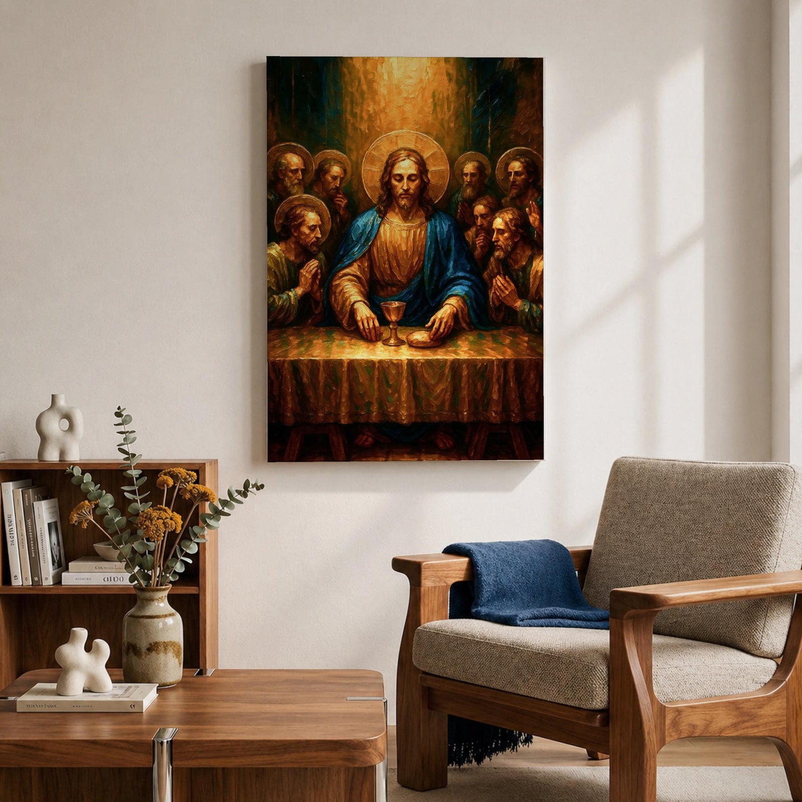Illustration of The Last Supper showing Jesus seated at a long table with the twelve disciples gathered around him as he presents bread and wine representing the Eucharist, composed in a traditional biblical scene with expressive gestures and balanced arrangement, rendered with soft shading and warm tones in a Christian devotional style.