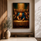 Illustration of The Last Supper showing Jesus seated at a long table with the twelve disciples gathered around him as he presents bread and wine representing the Eucharist, composed in a traditional biblical scene with expressive gestures and balanced arrangement, rendered with soft shading and warm tones in a Christian devotional style.