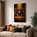 Illustration of The Last Supper showing Jesus seated at a long table with the twelve disciples gathered around him as he presents bread and wine representing the Eucharist, composed in a traditional biblical scene with expressive gestures and balanced arrangement, rendered with soft shading and warm tones in a Christian devotional style.