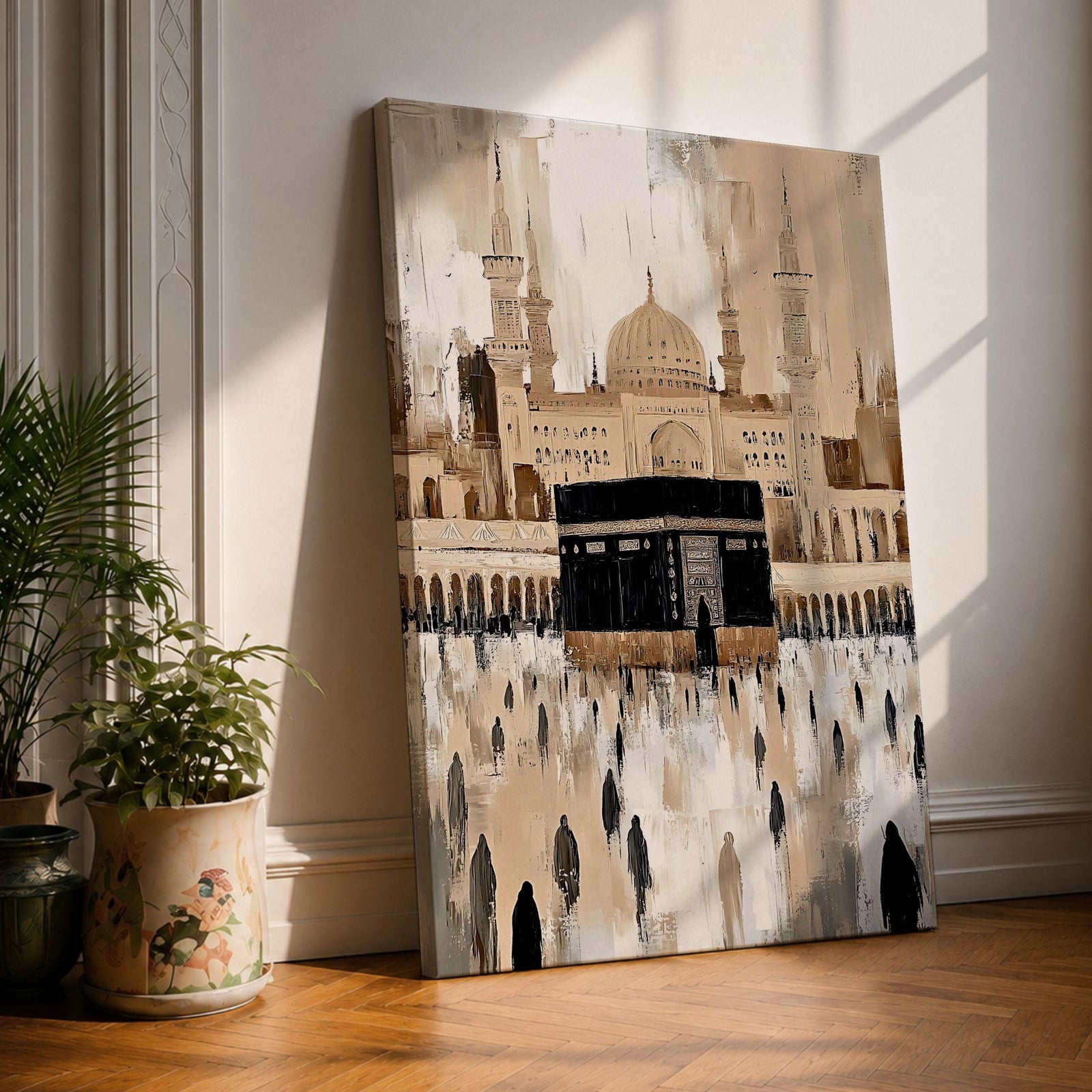 Kaaba wall art showing Masjid al-Haram in Mecca with pilgrims performing Hajj and Umrah around the sacred Kaaba. Vintage Islamic artwork capturing the spiritual atmosphere of the pilgrimage with mosque domes, minarets, and worshippers in the courtyard, framed canvas decor.