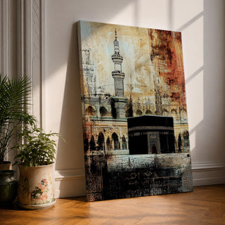Kaaba wall art showing the sacred Kaaba at Masjid al-Haram in Mecca with mosque minaret and vintage textured background. Islamic artwork inspired by the Hajj pilgrimage and holy mosque architecture. Framed canvas decor for Muslim homes, prayer rooms, and spiritual interiors.
