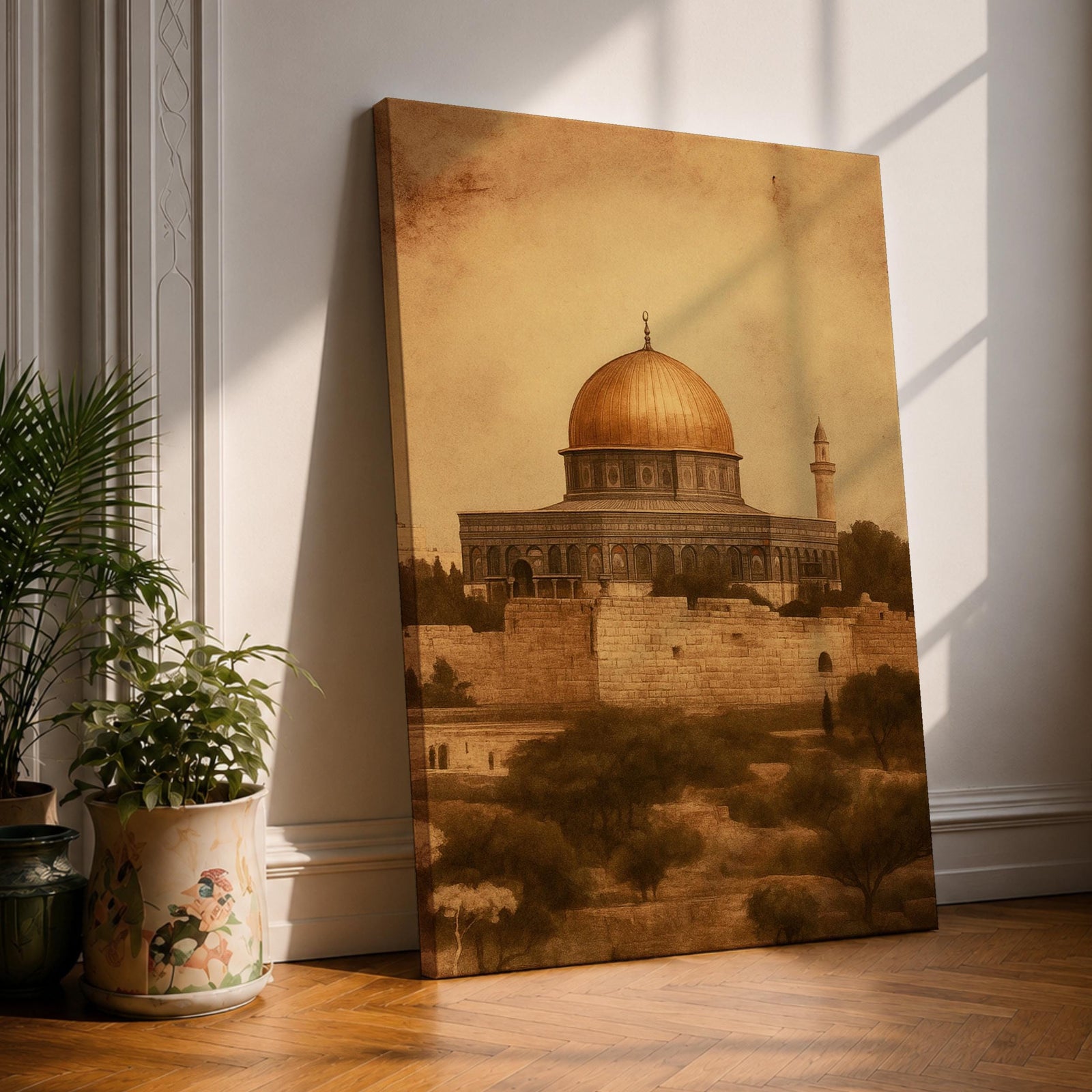 Dome of the Rock wall art featuring the iconic golden dome near Al Aqsa Mosque in Jerusalem Old City. Vintage style Islamic architecture artwork showing the historic holy site with warm antique tones. Framed canvas Islamic decor inspired by the sacred landmarks of Jerusalem.