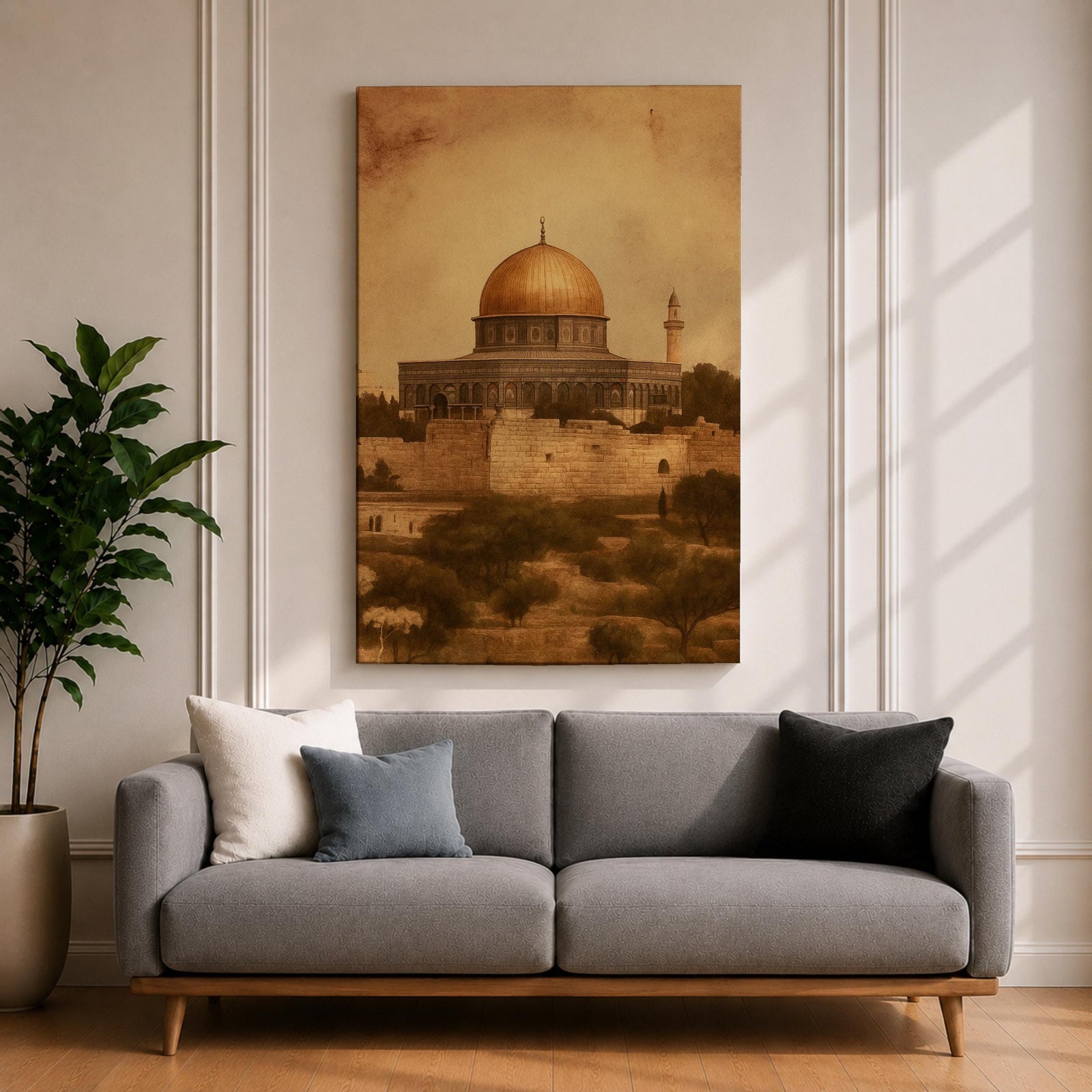 Dome of the Rock wall art featuring the iconic golden dome near Al Aqsa Mosque in Jerusalem Old City. Vintage style Islamic architecture artwork showing the historic holy site with warm antique tones. Framed canvas Islamic decor inspired by the sacred landmarks of Jerusalem.