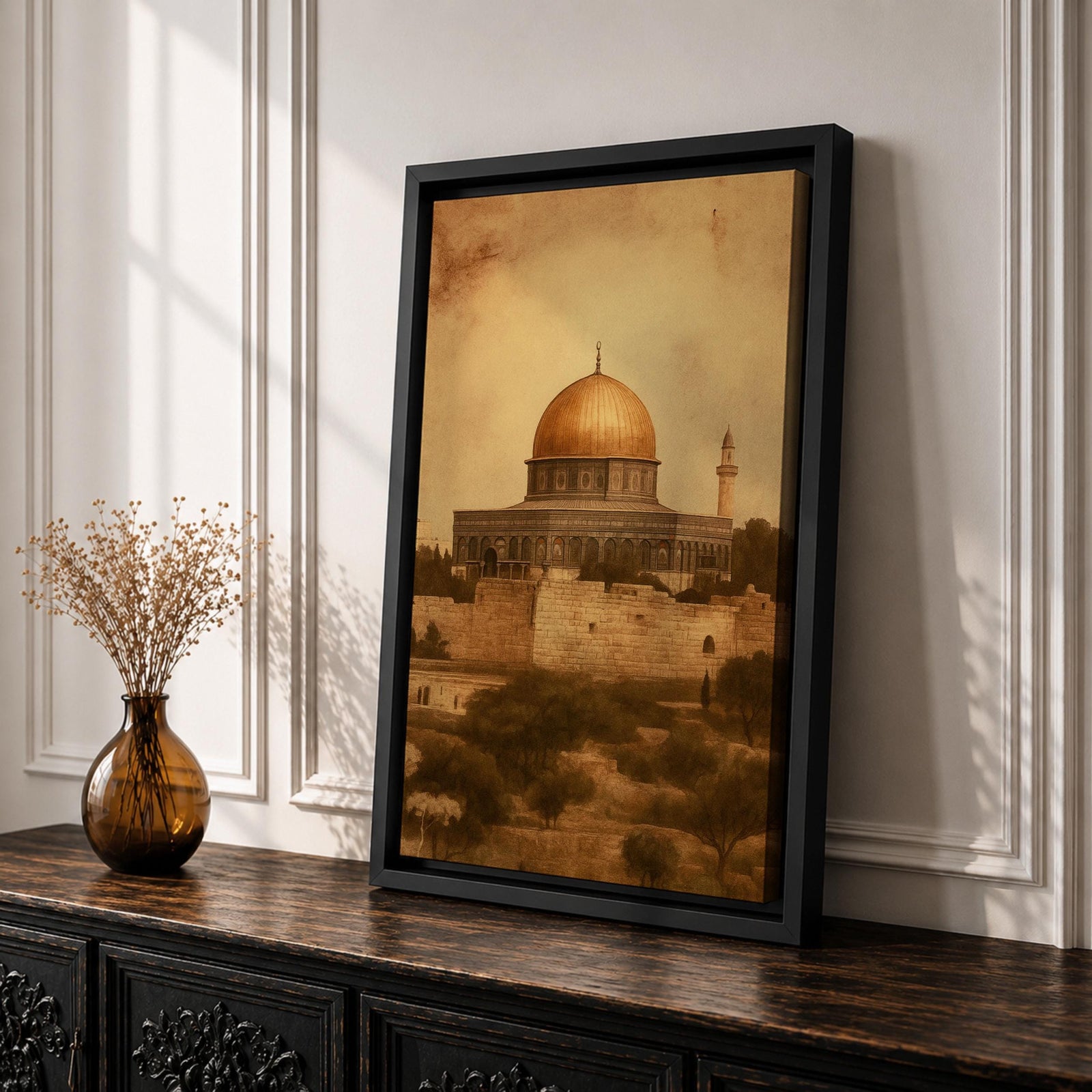 Dome of the Rock wall art featuring the iconic golden dome near Al Aqsa Mosque in Jerusalem Old City. Vintage style Islamic architecture artwork showing the historic holy site with warm antique tones. Framed canvas Islamic decor inspired by the sacred landmarks of Jerusalem.