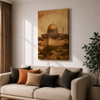 Dome of the Rock wall art featuring the iconic golden dome near Al Aqsa Mosque in Jerusalem Old City. Vintage style Islamic architecture artwork showing the historic holy site with warm antique tones. Framed canvas Islamic decor inspired by the sacred landmarks of Jerusalem.