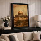 Dome of the Rock wall art featuring the iconic golden dome near Al Aqsa Mosque in Jerusalem Old City. Vintage style Islamic architecture artwork showing the historic holy site with warm antique tones. Framed canvas Islamic decor inspired by the sacred landmarks of Jerusalem.