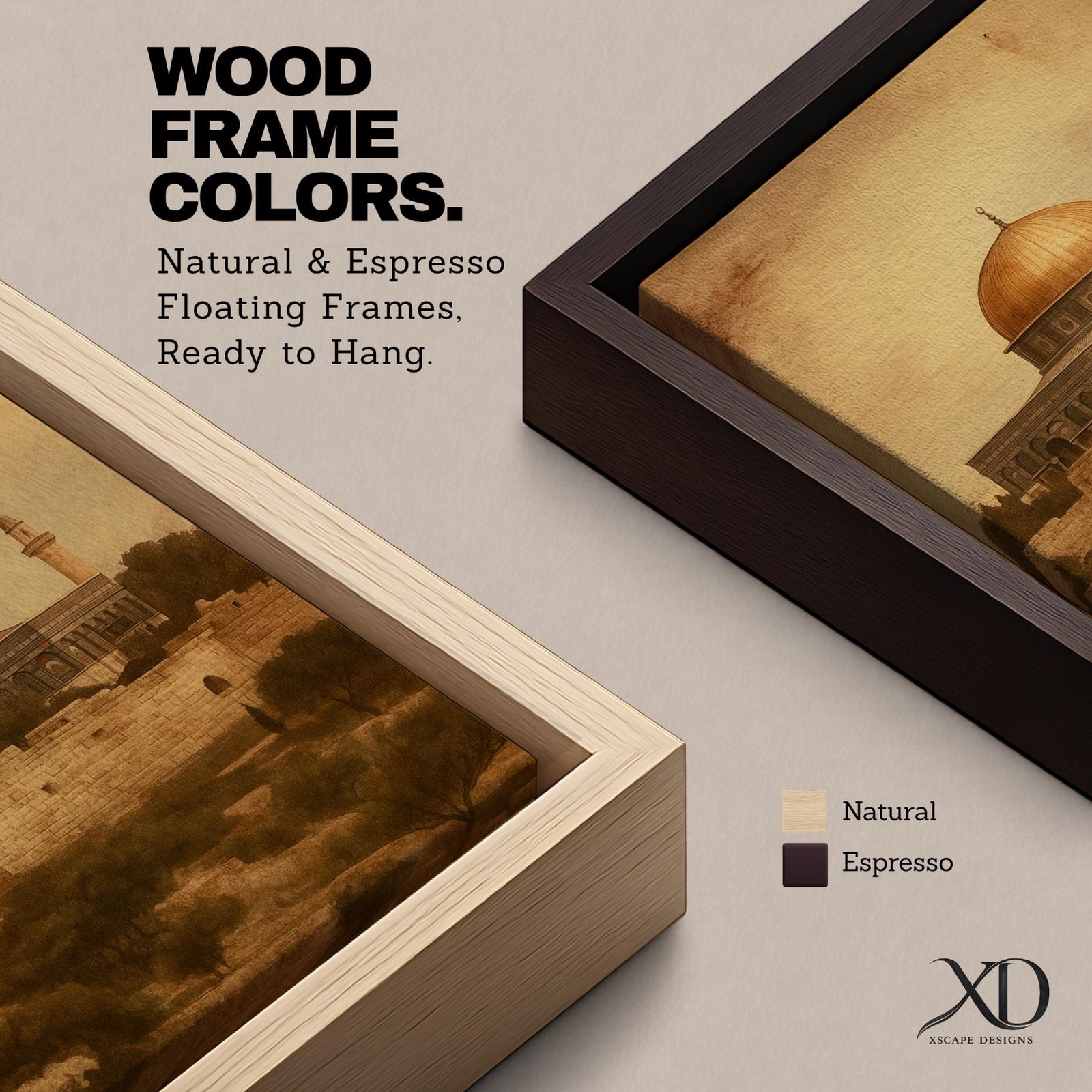 Dome of the Rock wall art featuring the iconic golden dome near Al Aqsa Mosque in Jerusalem Old City. Vintage style Islamic architecture artwork showing the historic holy site with warm antique tones. Framed canvas Islamic decor inspired by the sacred landmarks of Jerusalem.