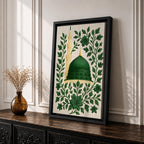Masjid An-Nabawi wall art featuring the green dome of the Prophet’s Mosque in Medina surrounded by elegant floral embroidery patterns. Islamic artwork highlighting the sacred mosque architecture with decorative botanical design displayed as framed canvas decor.
