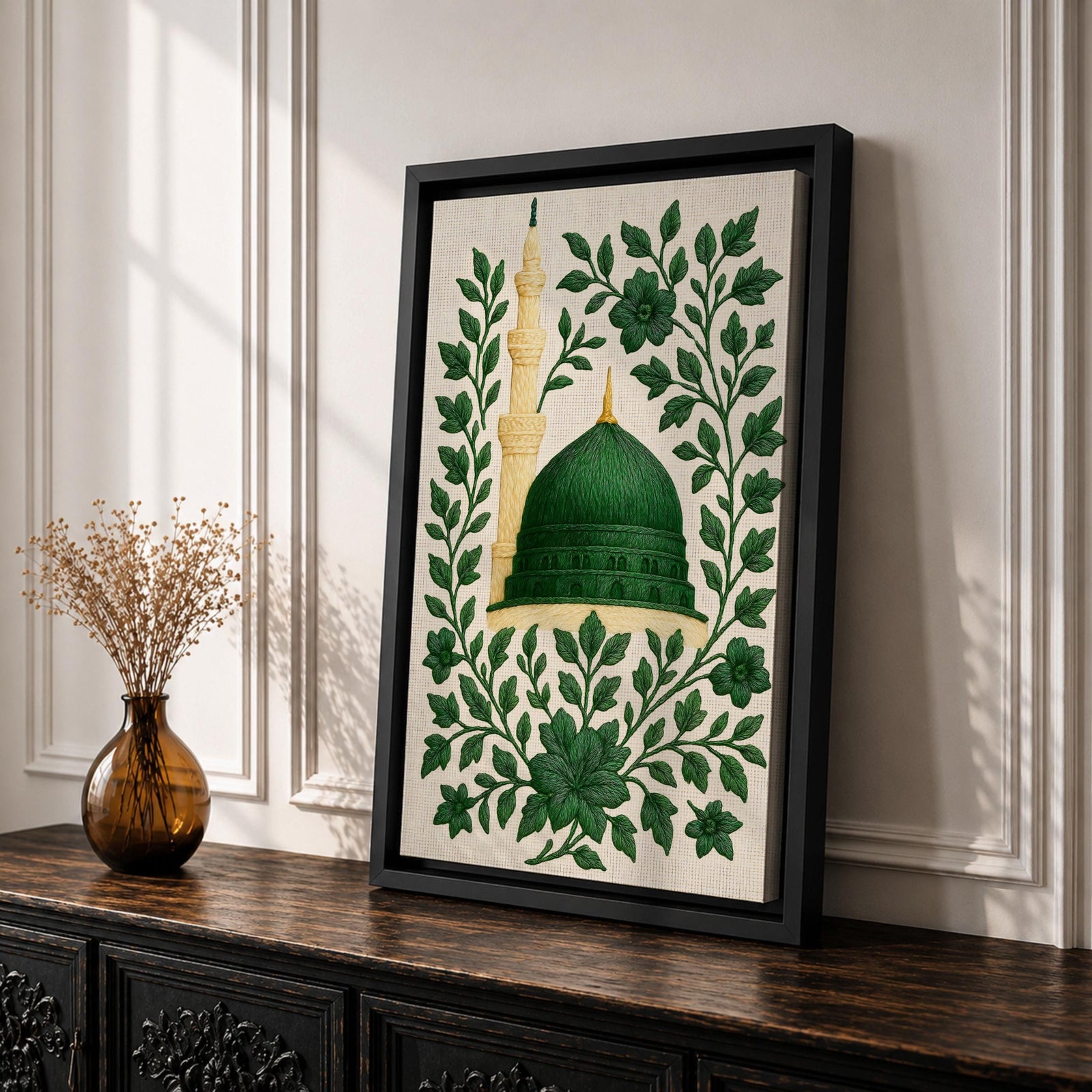 Masjid An-Nabawi wall art featuring the green dome of the Prophet’s Mosque in Medina surrounded by elegant floral embroidery patterns. Islamic artwork highlighting the sacred mosque architecture with decorative botanical design displayed as framed canvas decor.