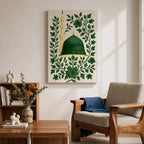 Masjid An-Nabawi wall art featuring the green dome of the Prophet’s Mosque in Medina surrounded by elegant floral embroidery patterns. Islamic artwork highlighting the sacred mosque architecture with decorative botanical design displayed as framed canvas decor.