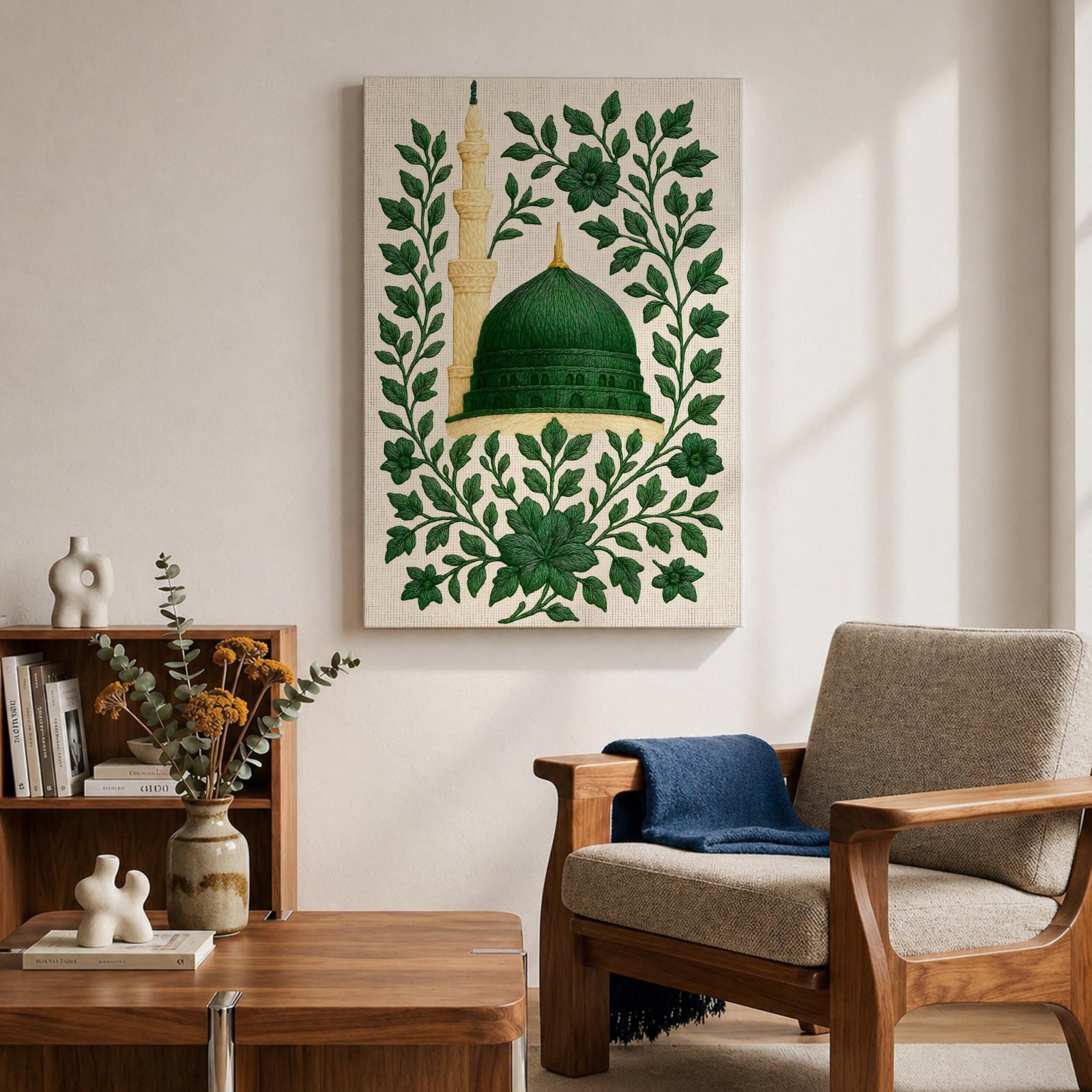Masjid An-Nabawi wall art featuring the green dome of the Prophet’s Mosque in Medina surrounded by elegant floral embroidery patterns. Islamic artwork highlighting the sacred mosque architecture with decorative botanical design displayed as framed canvas decor.