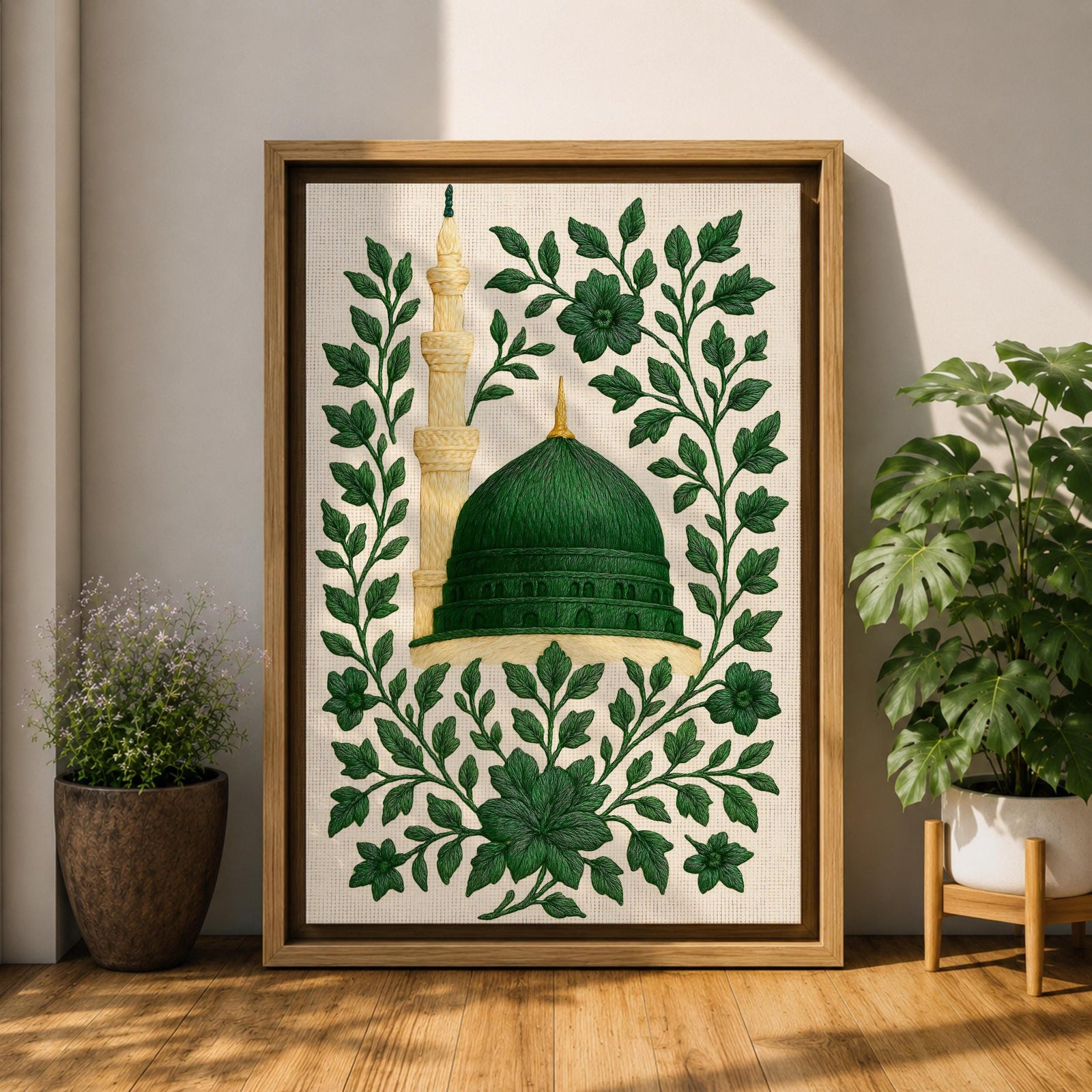 Masjid An-Nabawi wall art featuring the green dome of the Prophet’s Mosque in Medina surrounded by elegant floral embroidery patterns. Islamic artwork highlighting the sacred mosque architecture with decorative botanical design displayed as framed canvas decor.