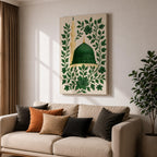 Masjid An-Nabawi wall art featuring the green dome of the Prophet’s Mosque in Medina surrounded by elegant floral embroidery patterns. Islamic artwork highlighting the sacred mosque architecture with decorative botanical design displayed as framed canvas decor.