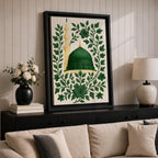 Masjid An-Nabawi wall art featuring the green dome of the Prophet’s Mosque in Medina surrounded by elegant floral embroidery patterns. Islamic artwork highlighting the sacred mosque architecture with decorative botanical design displayed as framed canvas decor.