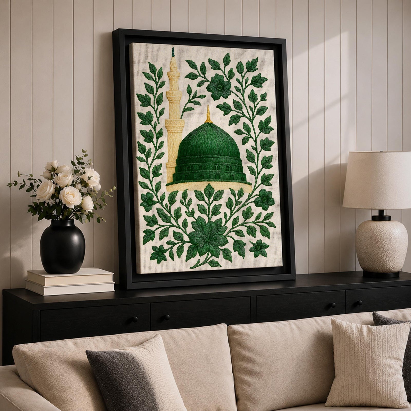 Masjid An-Nabawi wall art featuring the green dome of the Prophet’s Mosque in Medina surrounded by elegant floral embroidery patterns. Islamic artwork highlighting the sacred mosque architecture with decorative botanical design displayed as framed canvas decor.