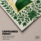 Masjid An-Nabawi wall art featuring the green dome of the Prophet’s Mosque in Medina surrounded by elegant floral embroidery patterns. Islamic artwork highlighting the sacred mosque architecture with decorative botanical design displayed as framed canvas decor.