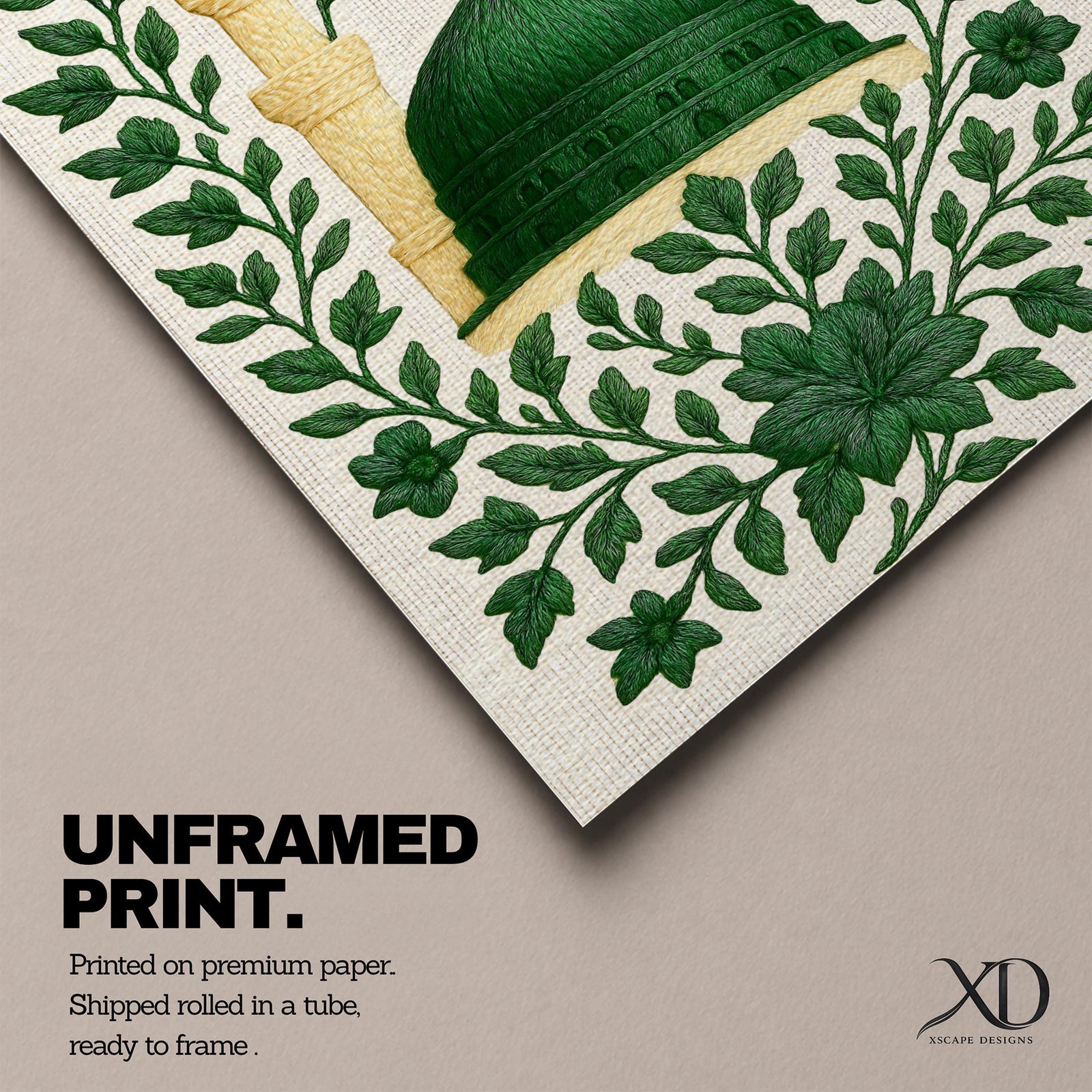Masjid An-Nabawi wall art featuring the green dome of the Prophet’s Mosque in Medina surrounded by elegant floral embroidery patterns. Islamic artwork highlighting the sacred mosque architecture with decorative botanical design displayed as framed canvas decor.