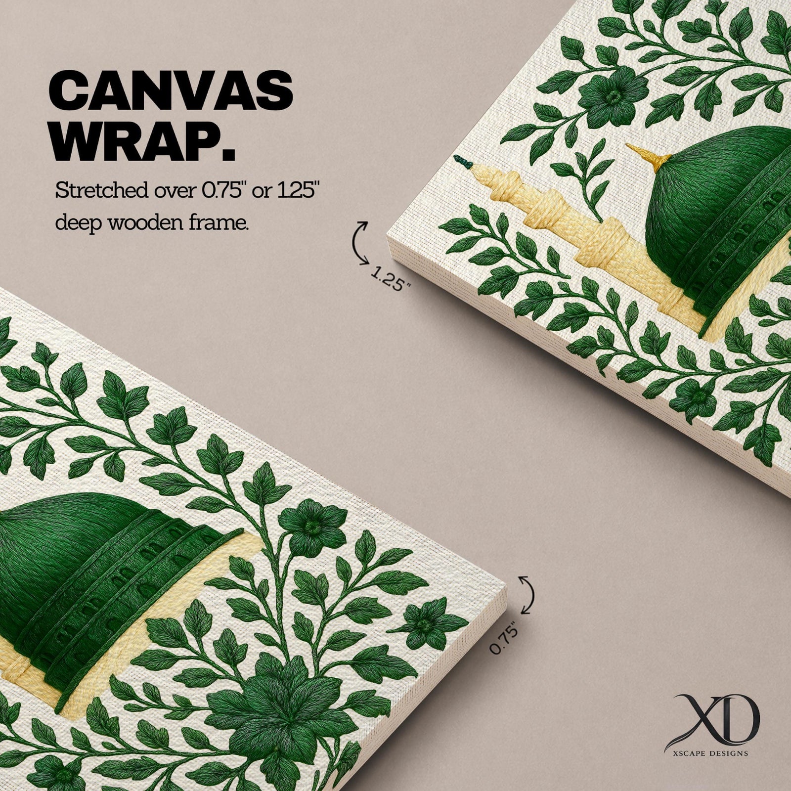 Masjid An-Nabawi wall art featuring the green dome of the Prophet’s Mosque in Medina surrounded by elegant floral embroidery patterns. Islamic artwork highlighting the sacred mosque architecture with decorative botanical design displayed as framed canvas decor.
