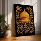 Masjid Al Aqsa wall art featuring the golden Dome of the Rock in Jerusalem surrounded by ornate gold floral embroidery style patterns. Islamic artwork inspired by traditional decorative motifs and sacred mosque architecture. Framed canvas Islamic decor for Muslim homes.