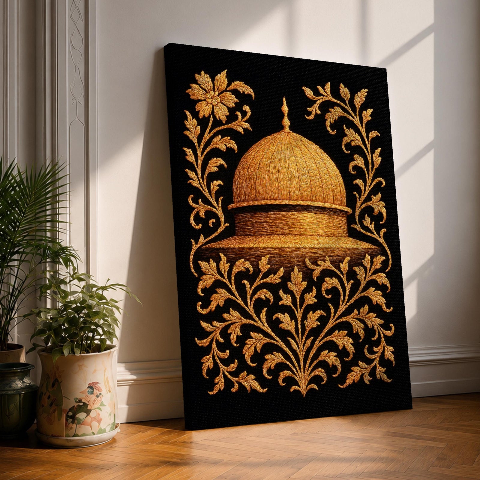 Masjid Al Aqsa wall art featuring the golden Dome of the Rock in Jerusalem surrounded by ornate gold floral embroidery style patterns. Islamic artwork inspired by traditional decorative motifs and sacred mosque architecture. Framed canvas Islamic decor for Muslim homes.