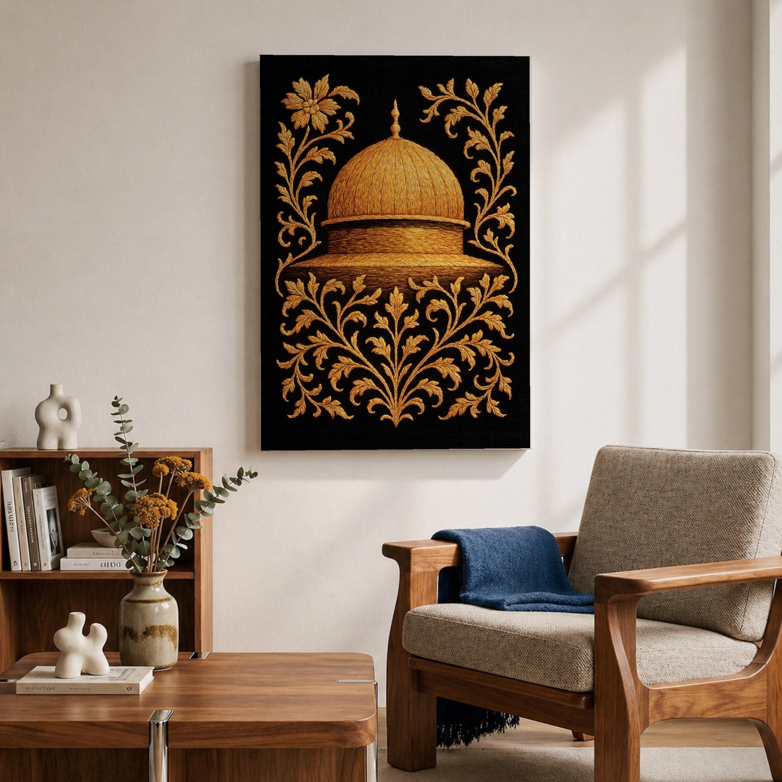 Masjid Al Aqsa wall art featuring the golden Dome of the Rock in Jerusalem surrounded by ornate gold floral embroidery style patterns. Islamic artwork inspired by traditional decorative motifs and sacred mosque architecture. Framed canvas Islamic decor for Muslim homes.