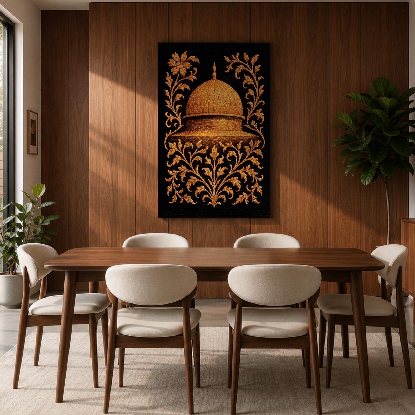 Masjid Al Aqsa wall art featuring the golden Dome of the Rock in Jerusalem surrounded by ornate gold floral embroidery style patterns. Islamic artwork inspired by traditional decorative motifs and sacred mosque architecture. Framed canvas Islamic decor for Muslim homes.